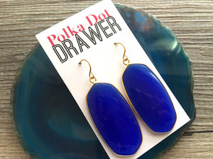 Royal Blue Pendant Statement Earrings, Gold drop earrings, metallic jewelry earrings, metal geometric drop earrings, blue jewelry