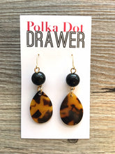 Load image into Gallery viewer, Tortoise Shell Beaded Teardrop Earrings, gold drop Earrings, shiny gold jewelry earrings metal geometric, black and brown turtle shell