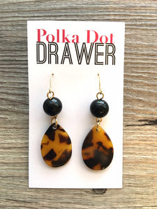 Tortoise Shell Beaded Teardrop Earrings, gold drop Earrings, shiny gold jewelry earrings metal geometric, black and brown turtle shell