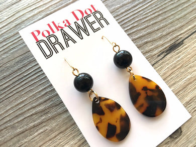Tortoise Shell Beaded Teardrop Earrings, gold drop Earrings, shiny gold jewelry earrings metal geometric, black and brown turtle shell
