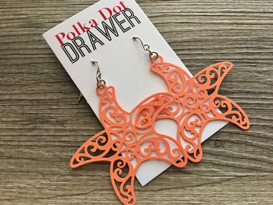 Coral Starfish Earrings, silver drop Earrings, shiny jewelry earrings metal geometric peach pink, vacation earrings filigree island ocean