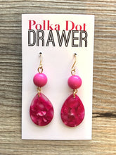 Load image into Gallery viewer, Tortoise Shell PINK Beaded Teardrop Earrings, gold drop Earrings, shiny gold jewelry earrings metal geometric, turtle shell magenta