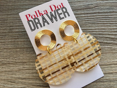 Gold + Chocolate Ratton Earrings, Gold drop Earrings, shiny jewelry earrings metal geometric, straw plaid tan cream brown