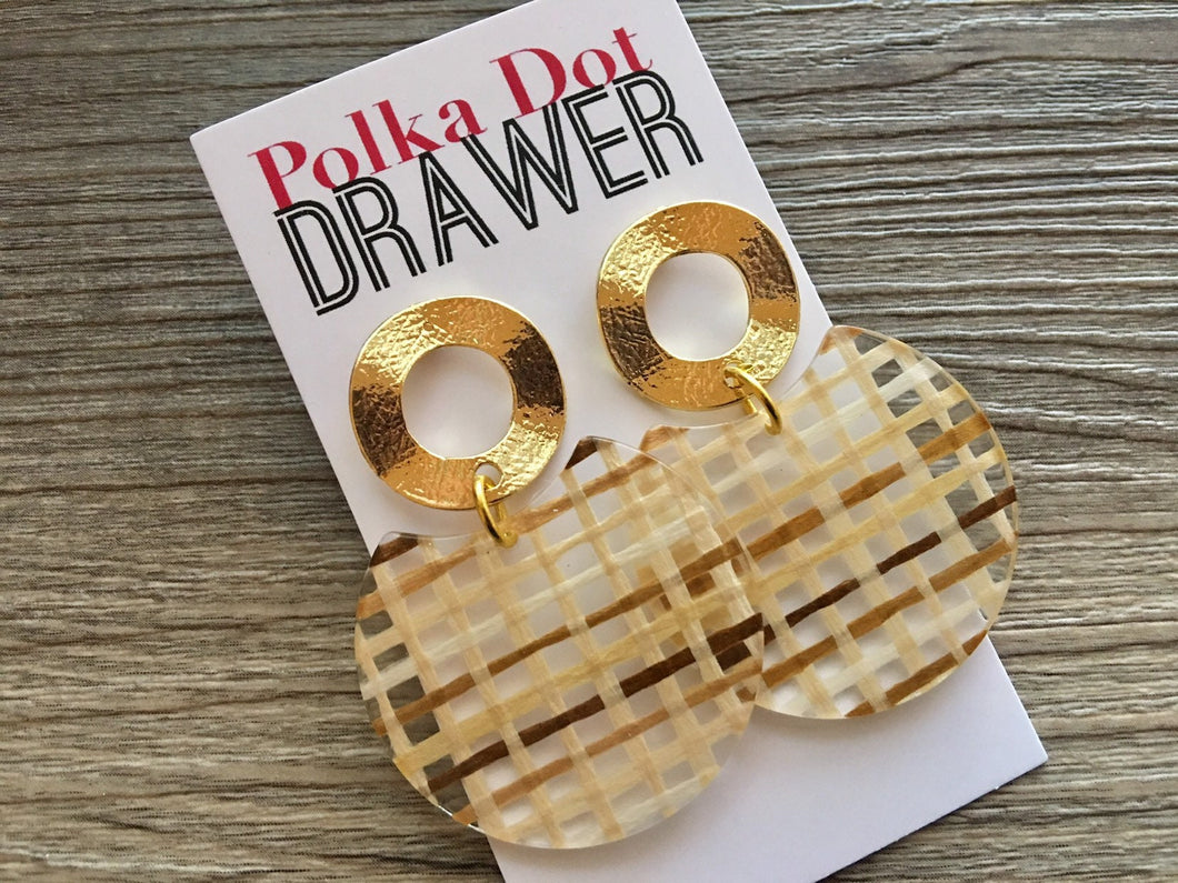 Gold + Chocolate Ratton Earrings, Gold drop Earrings, shiny jewelry earrings metal geometric, straw plaid tan cream brown