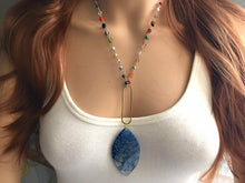 Load image into Gallery viewer, Glass Pendant Necklace on Rainbow glass beaded chain, Long teardrop jewelry, royal blue necklace, gold jewelry colorful