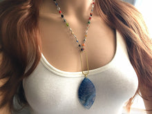 Load image into Gallery viewer, Glass Pendant Necklace on Rainbow glass beaded chain, Long teardrop jewelry, royal blue necklace, gold jewelry colorful