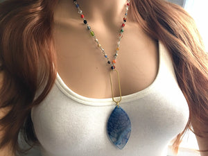 Glass Pendant Necklace on Rainbow glass beaded chain, Long teardrop jewelry, royal blue necklace, gold jewelry colorful