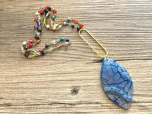 Load image into Gallery viewer, Glass Pendant Necklace on Rainbow glass beaded chain, Long teardrop jewelry, royal blue necklace, gold jewelry colorful