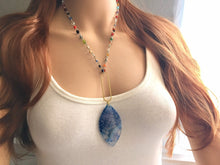 Load image into Gallery viewer, Glass Pendant Necklace on Rainbow glass beaded chain, Long teardrop jewelry, royal blue necklace, gold jewelry colorful