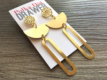 Load image into Gallery viewer, Gold Statement Earrings, Gold drop Earrings, shiny jewelry earrings metal geometric, half moon dangle 3.5” large earrings