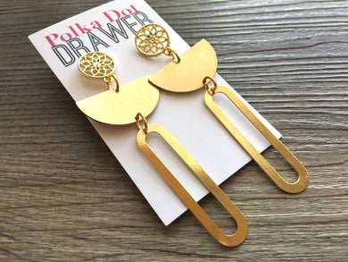 Gold Statement Earrings, Gold drop Earrings, shiny jewelry earrings metal geometric, half moon dangle 3.5” large earrings