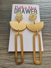 Load image into Gallery viewer, Gold Statement Earrings, Gold drop Earrings, shiny jewelry earrings metal geometric, half moon dangle 3.5” large earrings