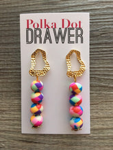 Load image into Gallery viewer, Rainbow Confetti + Hammered Gold Teardrop Earrings, Gold drop Earrings, shiny jewelry earrings metal geometric sparkle pride