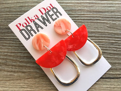 Coral Watermelon Earrings, silver drop Earrings, shiny jewelry earrings metal geometric peach pink, vacation earrings filigree island