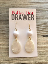 Load image into Gallery viewer, Tortoise Shell WHITE Beaded Teardrop Earrings, gold drop Earrings, shiny gold jewelry earrings metal geometric, turtle shell cream
