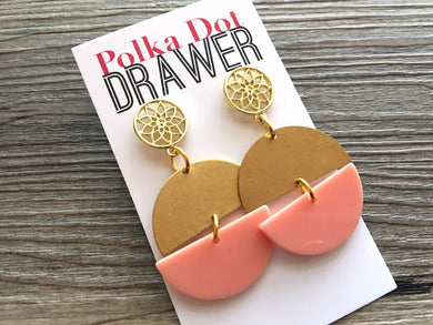 Coral Watermelon Earrings, Gold drop Earrings, shiny jewelry earrings metal geometric peach pink, vacation earrings filigree island