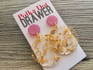 Pink Glitter + Gold Foil Earrings, Gold drop Earrings, shiny jewelry earrings metal geometric pink, vacation earrings statement