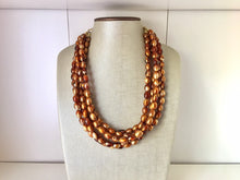 Load image into Gallery viewer, Brown &amp; Caramel Shimmer statement 5 strand gold geometric acrylic necklace, chunky resin beaded jewelry, five strand bead jewels