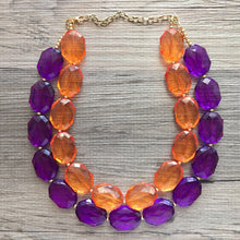 Load image into Gallery viewer, Purple &amp; Orange Necklace, multi strand jewelry, big beaded chunky statement necklace, south carolina necklace, bridesmaid necklace