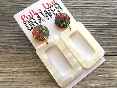 Rainbow Confetti + White Shell drop Earrings, Gold drop Earrings, shiny jewelry earrings metal geometric sparkle pride glitter