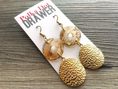 Gold Statement Earrings, Gold drop Earrings, shiny jewelry earrings metal geometric, full moon dangle 3.5” large earrings