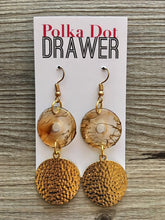 Load image into Gallery viewer, Gold Statement Earrings, Gold drop Earrings, shiny jewelry earrings metal geometric, full moon dangle 3.5” large earrings