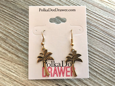 Palm Tree Gold Statement Earrings, Gold drop Earrings, shiny jewelry earrings metal geometric, island getaway vacation earrings monstera