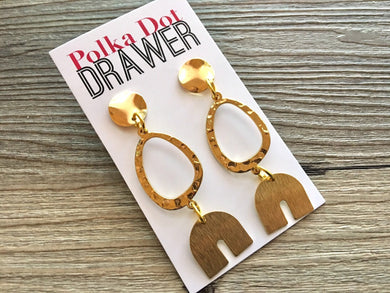 Gold Statement Earrings, Gold drop Earrings, shiny jewelry earrings metal geometric, full moon dangle 3” large earrings