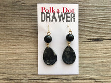 Load image into Gallery viewer, Tortoise Shell Black Beaded Teardrop Earrings, gold drop Earrings, shiny gold jewelry earrings metal geometric, turtle shell black