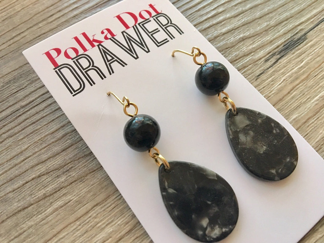 Tortoise Shell Black Beaded Teardrop Earrings, gold drop Earrings, shiny gold jewelry earrings metal geometric, turtle shell black