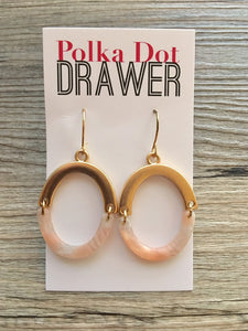 Coral Gold Oval Earrings, Gold drop Earrings, shiny jewelry earrings metal geometric peach pink, acetate acrylic resin earrings