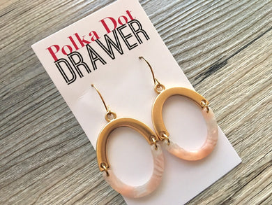 Coral Gold Oval Earrings, Gold drop Earrings, shiny jewelry earrings metal geometric peach pink, acetate acrylic resin earrings