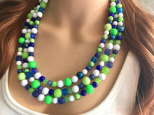 Load image into Gallery viewer, Navy and Lime Green Cluster Necklace, Seattle football Jewelry, washington jewelry, seattle jewelry, green and blue, green white blue