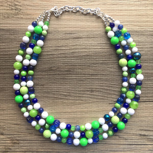 Navy and Lime Green Cluster Necklace, Seattle football Jewelry, washington jewelry, seattle jewelry, green and blue, green white blue