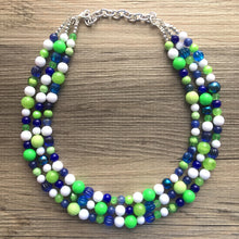 Load image into Gallery viewer, Navy and Lime Green Cluster Necklace, Seattle football Jewelry, washington jewelry, seattle jewelry, green and blue, green white blue