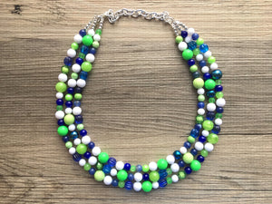 Navy and Lime Green Cluster Necklace, Seattle football Jewelry, washington jewelry, seattle jewelry, green and blue, green white blue