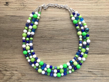 Load image into Gallery viewer, Navy and Lime Green Cluster Necklace, Seattle football Jewelry, washington jewelry, seattle jewelry, green and blue, green white blue