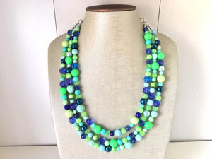 Blue & Green Chunky Statement Necklace, green blue beaded necklace, multi color jewelry multi strand necklace, bib chunky Statement