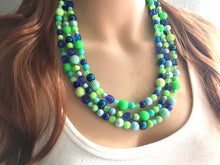 Load image into Gallery viewer, Blue &amp; Green Chunky Statement Necklace, green blue beaded necklace, multi color jewelry multi strand necklace, bib chunky Statement