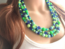 Load image into Gallery viewer, Blue &amp; Green Chunky Statement Necklace, green blue beaded necklace, multi color jewelry multi strand necklace, bib chunky Statement