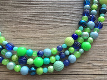 Load image into Gallery viewer, Blue &amp; Green Chunky Statement Necklace, green blue beaded necklace, multi color jewelry multi strand necklace, bib chunky Statement