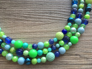 Blue & Green Chunky Statement Necklace, green blue beaded necklace, multi color jewelry multi strand necklace, bib chunky Statement