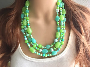 Lime & Mint Green Chunky Statement Necklace, green blue beaded necklace, colorful jewelry multi strand necklace, bib chunky Statement