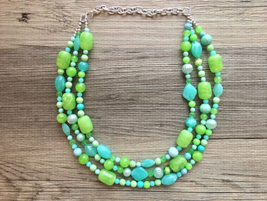 Lime & Mint Green Chunky Statement Necklace, green blue beaded necklace, colorful jewelry multi strand necklace, bib chunky Statement