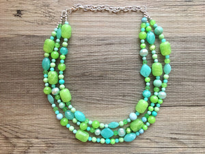 Lime & Mint Green Chunky Statement Necklace, green blue beaded necklace, colorful jewelry multi strand necklace, bib chunky Statement