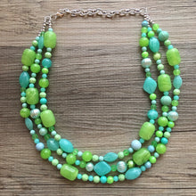 Load image into Gallery viewer, Lime &amp; Mint Green Chunky Statement Necklace, green blue beaded necklace, colorful jewelry multi strand necklace, bib chunky Statement