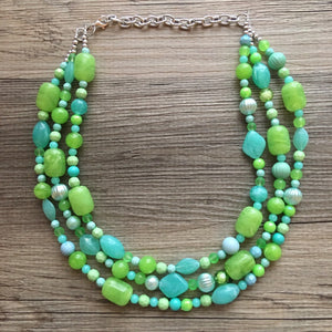 Lime & Mint Green Chunky Statement Necklace, green blue beaded necklace, colorful jewelry multi strand necklace, bib chunky Statement