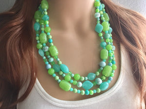 Lime & Mint Green Chunky Statement Necklace, green blue beaded necklace, colorful jewelry multi strand necklace, bib chunky Statement
