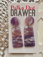Load image into Gallery viewer, Purple Waves Statement Earrings, lavender drop Metal Filigree Earrings, filigree jewelry, metallic jewelry earrings, metal geometric purple