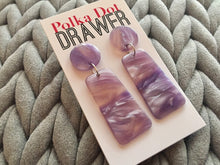 Load image into Gallery viewer, Purple Waves Statement Earrings, lavender drop Metal Filigree Earrings, filigree jewelry, metallic jewelry earrings, metal geometric purple